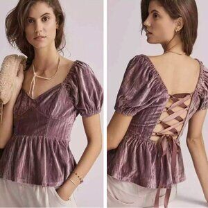 Anthropologie Porridge Peplum Lace-Up Velvet Blouse Size XS NWT